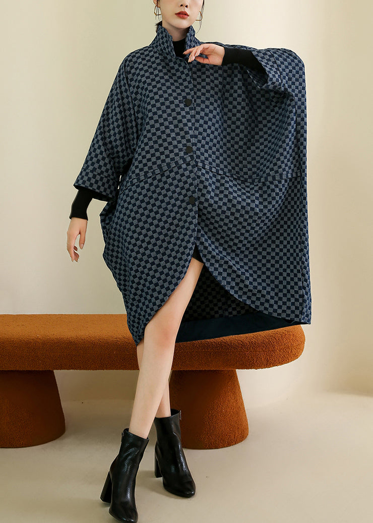 French Navy Plaid Button Patchwork Cotton Coat Batwing Sleeve