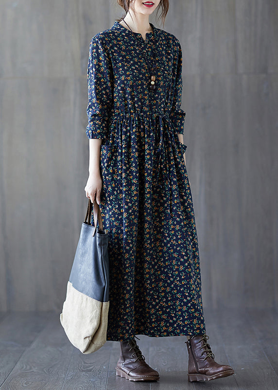 French Navy Print Lace Up Patchwork Cotton Long Dress Fall