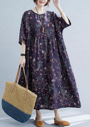 French Navy Print Pockets Loose Summer Half Sleeve Long Dress - bagstylebliss