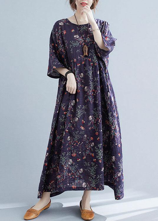 French Navy Print Pockets Loose Summer Half Sleeve Long Dress - bagstylebliss