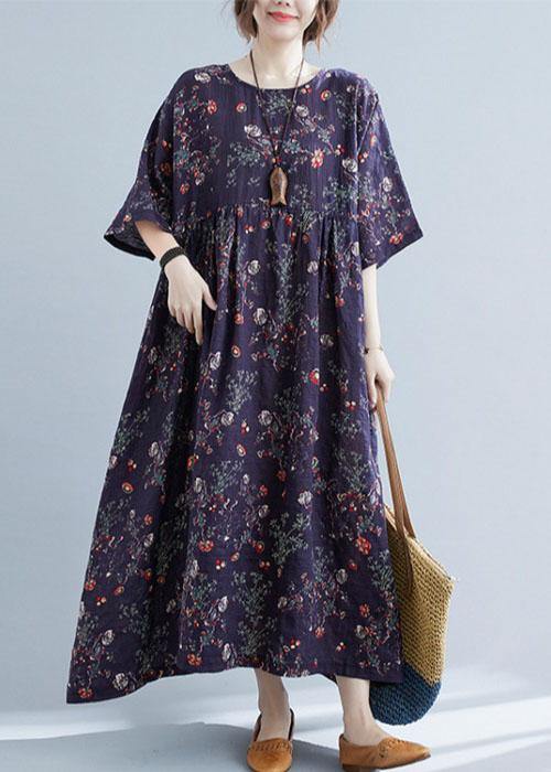 French Navy Print Pockets Loose Summer Half Sleeve Long Dress - bagstylebliss