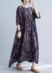 French Navy Print Pockets Loose Summer Half Sleeve Long Dress - bagstylebliss