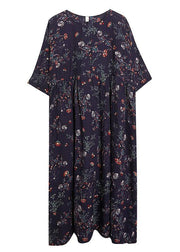 French Navy Print Pockets Loose Summer Half Sleeve Long Dress - bagstylebliss