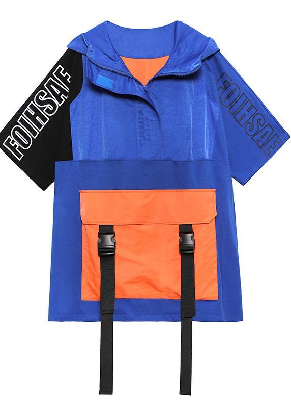 French Navy Spring hooded Patchwork Tops Half Sleeve - bagstylebliss