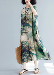 French O Neck Baggy Summer Wardrobes Lnspiration Green Print Robes Dresses - bagstylebliss