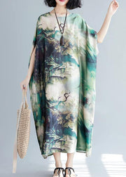 French O Neck Baggy Summer Wardrobes Lnspiration Green Print Robes Dresses - bagstylebliss