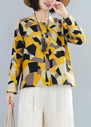 French O Neck Button Down Shirts Inspiration Yellow Geometric Top - bagstylebliss