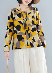 French O Neck Button Down Shirts Inspiration Yellow Geometric Top - bagstylebliss