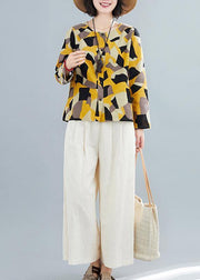 French O Neck Button Down Shirts Inspiration Yellow Geometric Top - bagstylebliss