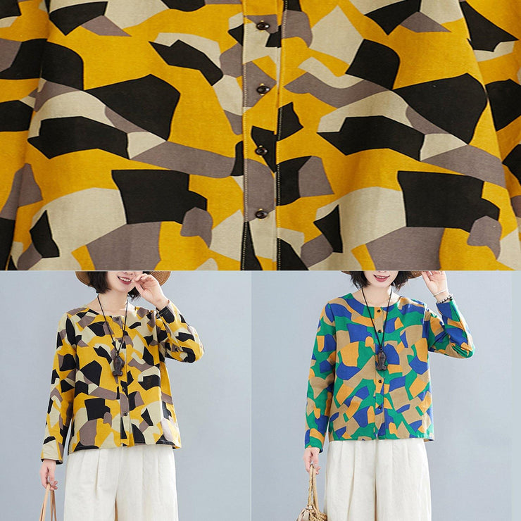 French O Neck Button Down Shirts Inspiration Yellow Geometric Top - bagstylebliss