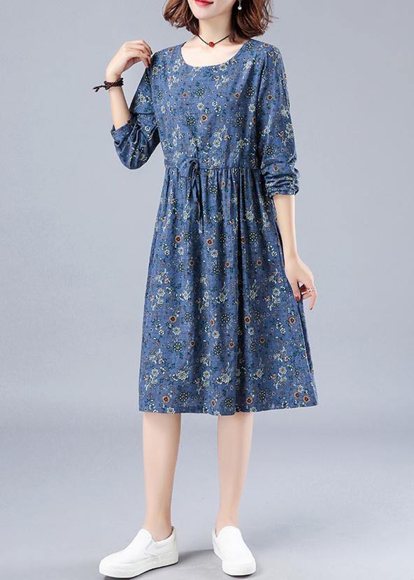 French O Neck Drawstring Spring Dresses Wardrobes Blue Print Dress - bagstylebliss