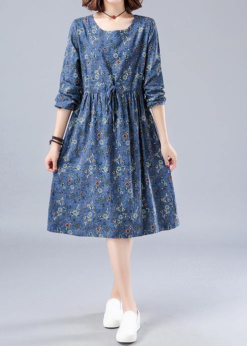 French O Neck Drawstring Spring Dresses Wardrobes Blue Print Dress - bagstylebliss