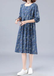 French O Neck Drawstring Spring Dresses Wardrobes Blue Print Dress - bagstylebliss