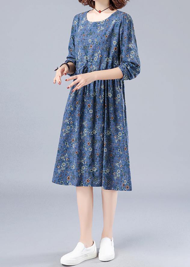 French O Neck Drawstring Spring Dresses Wardrobes Blue Print Dress - bagstylebliss