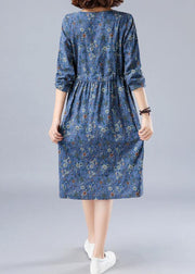 French O Neck Drawstring Spring Dresses Wardrobes Blue Print Dress - bagstylebliss