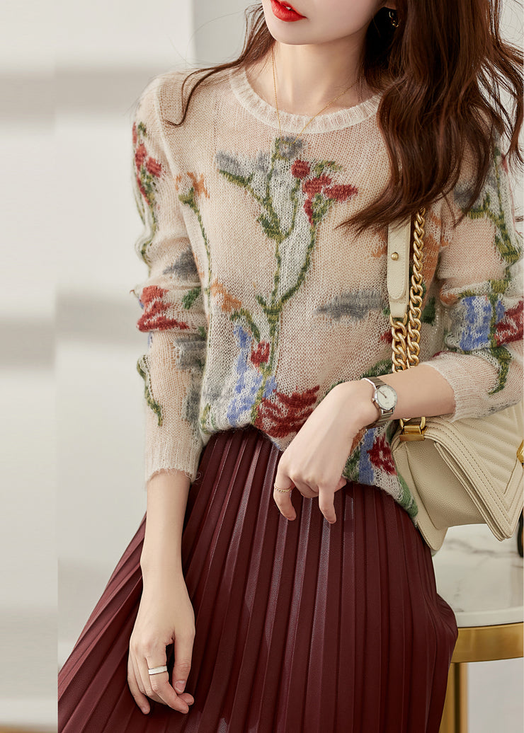 French O-Neck Floral Hollow Out Knit Sweaters Spring