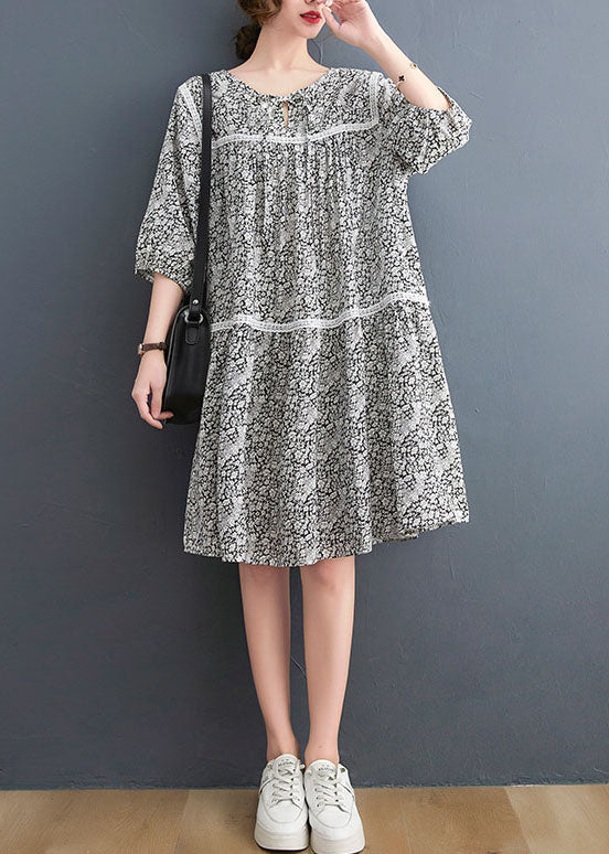 French O-Neck Lace Patchwork Print Cotton Mid Dress Three Quarter Sleeve