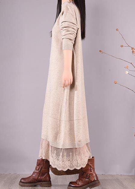 French O Neck Patchwork Lace Spring Clothes For Women Sewing Beige Robe Dresses - bagstylebliss