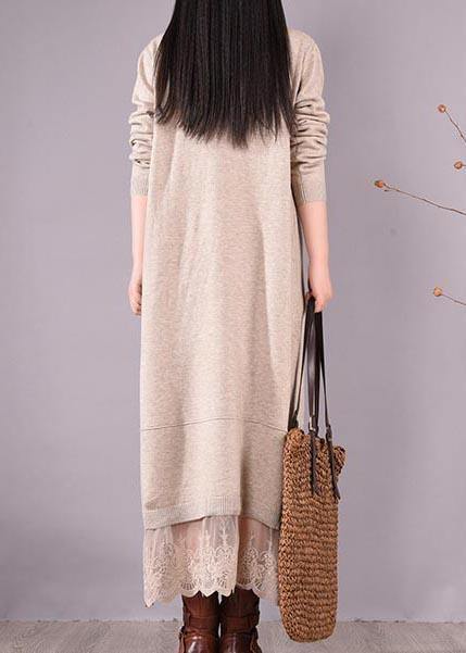 French O Neck Patchwork Lace Spring Clothes For Women Sewing Beige Robe Dresses - bagstylebliss