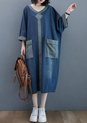 French O Neck Patchwork Spring Dresses Outfits Denim Blue Robe Dresses - bagstylebliss