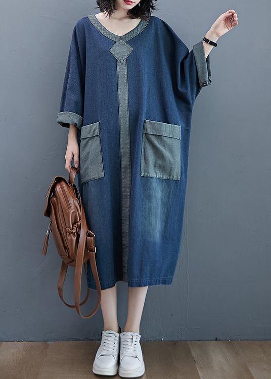 French O Neck Patchwork Spring Dresses Outfits Denim Blue Robe Dresses - bagstylebliss