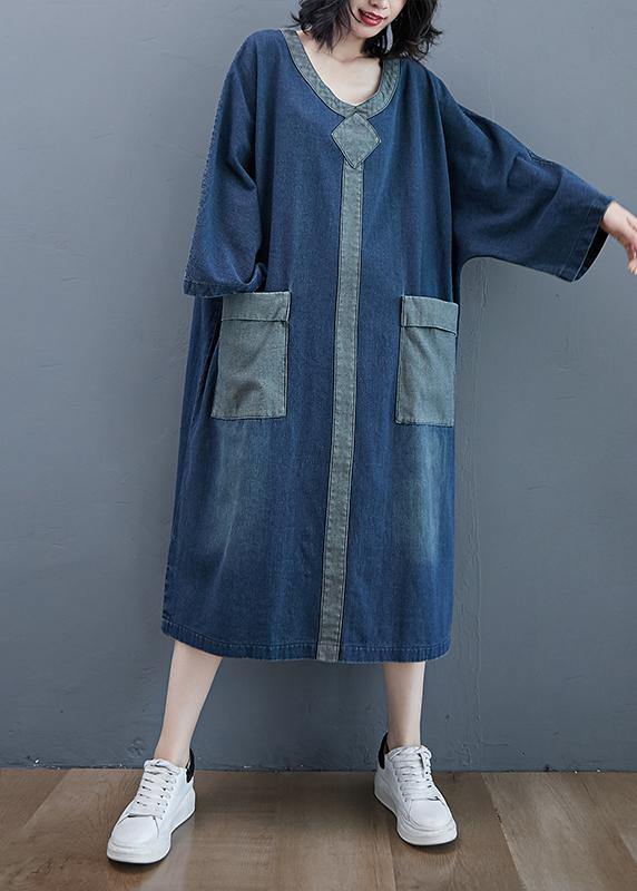 French O Neck Patchwork Spring Dresses Outfits Denim Blue Robe Dresses - bagstylebliss