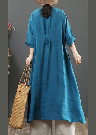 French O Neck Patchwork Spring Tunics Tunic Tops Blue Long Dress - bagstylebliss