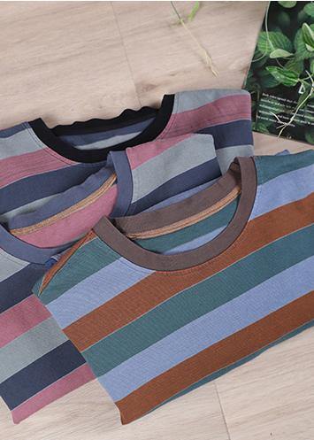 French O-Neck Spring Shirts Pattern Gray Striped Tops - bagstylebliss