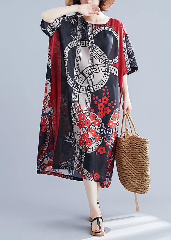 French O Neck Spring Tunics For Women Red Print Long Dress - bagstylebliss