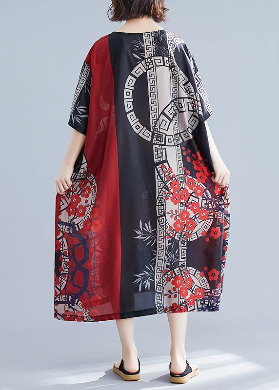 French O Neck Spring Tunics For Women Red Print Long Dress - bagstylebliss