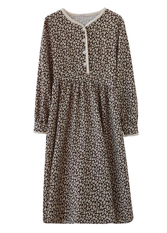 French O Neck Spring Tunics Tunic Khaki Print A Line Dress - bagstylebliss