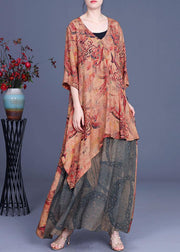 French Orange Asymmetrical V Neck Print Summer Silk Summer Dress Half Sleeve - bagstylebliss