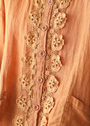 French Orange Embroideried Hollow Out Patchwork Fall Linen Top