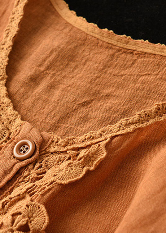 French Orange Embroideried Hollow Out Patchwork Fall Linen Top