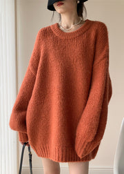 French Orange O Neck Thick Knit Sweater Tops Batwing Sleeve