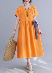 French Orange Patchwork Button Party Summer Cotton Linen Dress - bagstylebliss