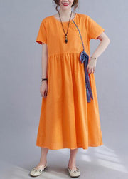 French Orange Patchwork Button Party Summer Cotton Linen Dress - bagstylebliss