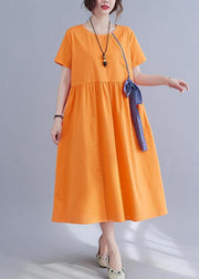 French Orange Patchwork Button Party Summer Cotton Linen Dress - bagstylebliss