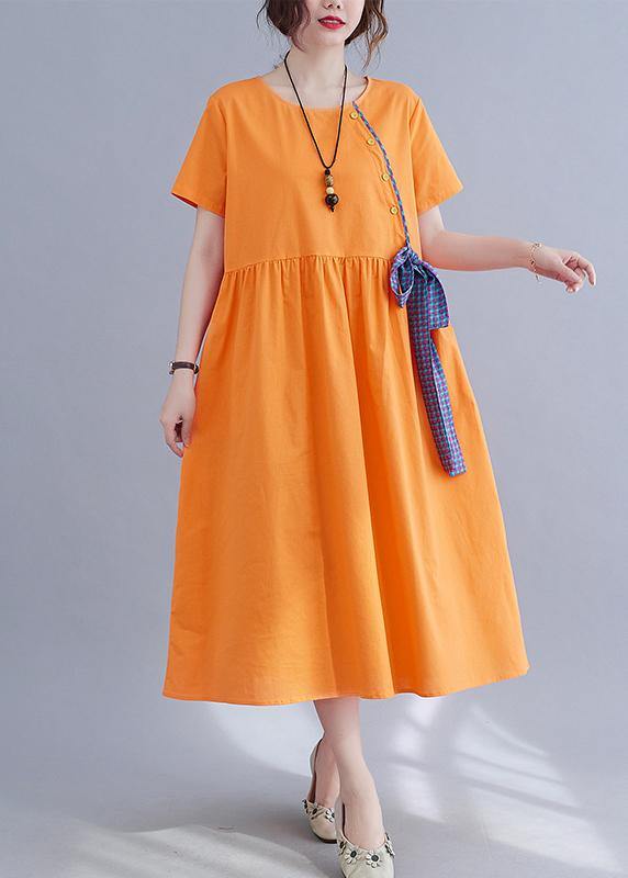 French Orange Patchwork Button Party Summer Cotton Linen Dress - bagstylebliss