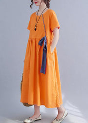 French Orange Patchwork Button Party Summer Cotton Linen Dress - bagstylebliss