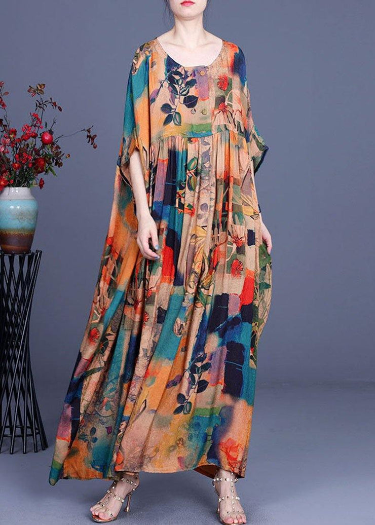 French Orange Print Button Batwing Sleeve Silk Summer Maxi Dresses - bagstylebliss