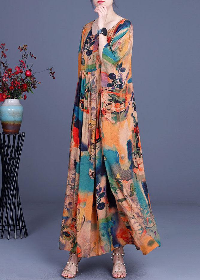 French Orange Print Button Batwing Sleeve Silk Summer Maxi Dresses - bagstylebliss