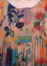 French Orange Print Button Batwing Sleeve Silk Summer Maxi Dresses - bagstylebliss