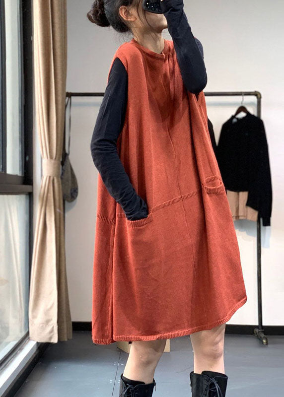 Französisch Orange Rot O-Ausschnitt Taschen Herbst Pullover Kleid Strickweste