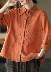 French Orange Retro Peter Pan Collar Button Fall Linen Shirt Tops Long Sleeve - bagstylebliss