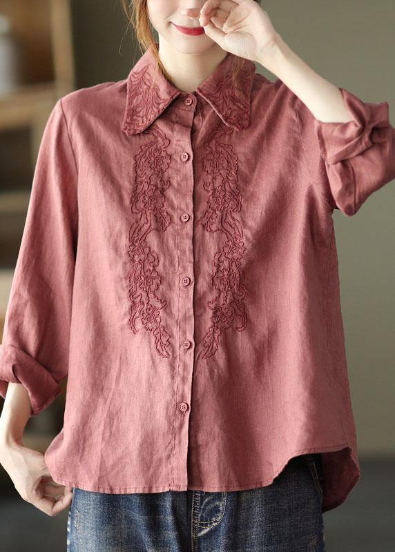 French Orange Retro Peter Pan Collar Button Fall Linen Shirt Tops Long Sleeve - bagstylebliss