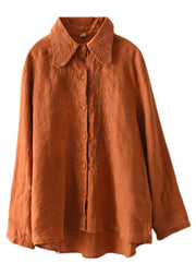French Orange Retro Peter Pan Collar Button Fall Linen Shirt Tops Long Sleeve - bagstylebliss