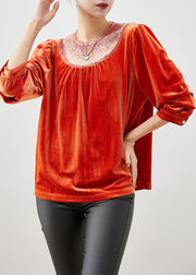 French Orange Sequins Patchwork Silk Velour Shirts Fall