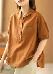 French Orange Solid Color Turn-down Collar Double Breast Cotton Blouses Short Sleeve