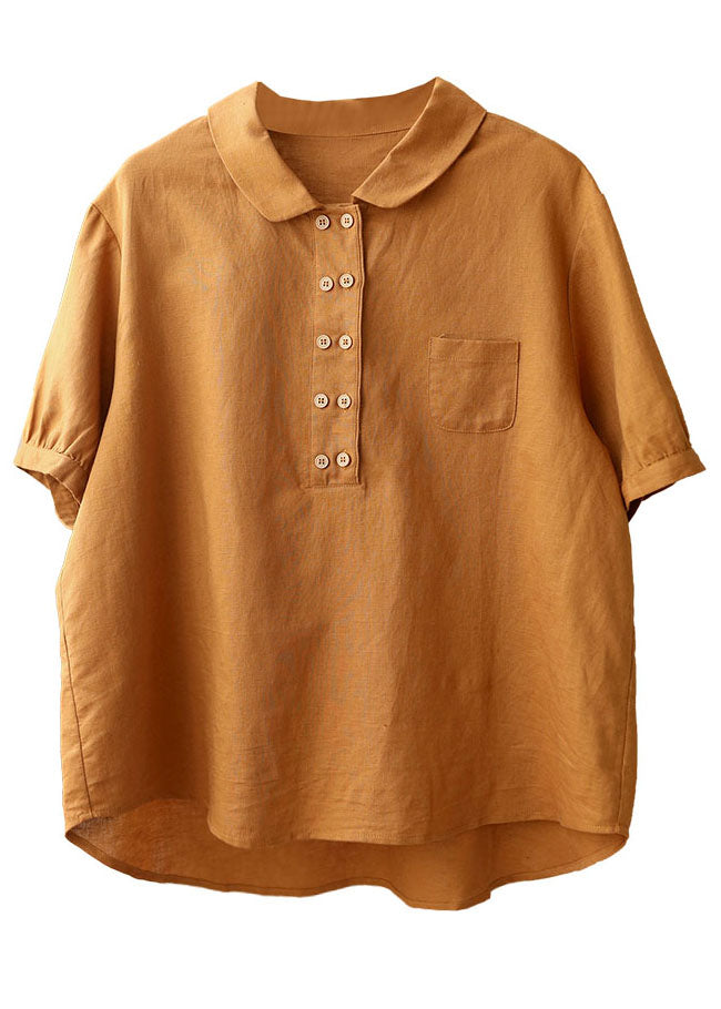 French Orange Solid Color Turn-down Collar Double Breast Cotton Blouses Short Sleeve